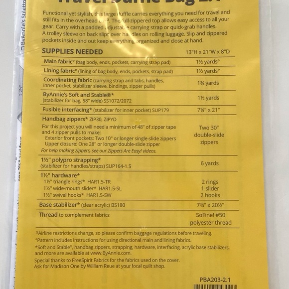 Travel Duffle Bag 2.1 Pattern By Annie 13"X21"X8" Carry On Compliant PBA203-1 - Picture 3 of 3